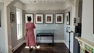 A woman in a pink dress looking at framed artwork on the wall in an art gallery room.