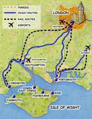 Map of southern England showing ferry routes, coach routes, rail routes, airports, and landmarks including London, Heathrow, Gatwick, Portsmouth, Southampton, Ryde, Cowes, East Cowes, Yarmouth, Lymington, and the Isle of Wight.