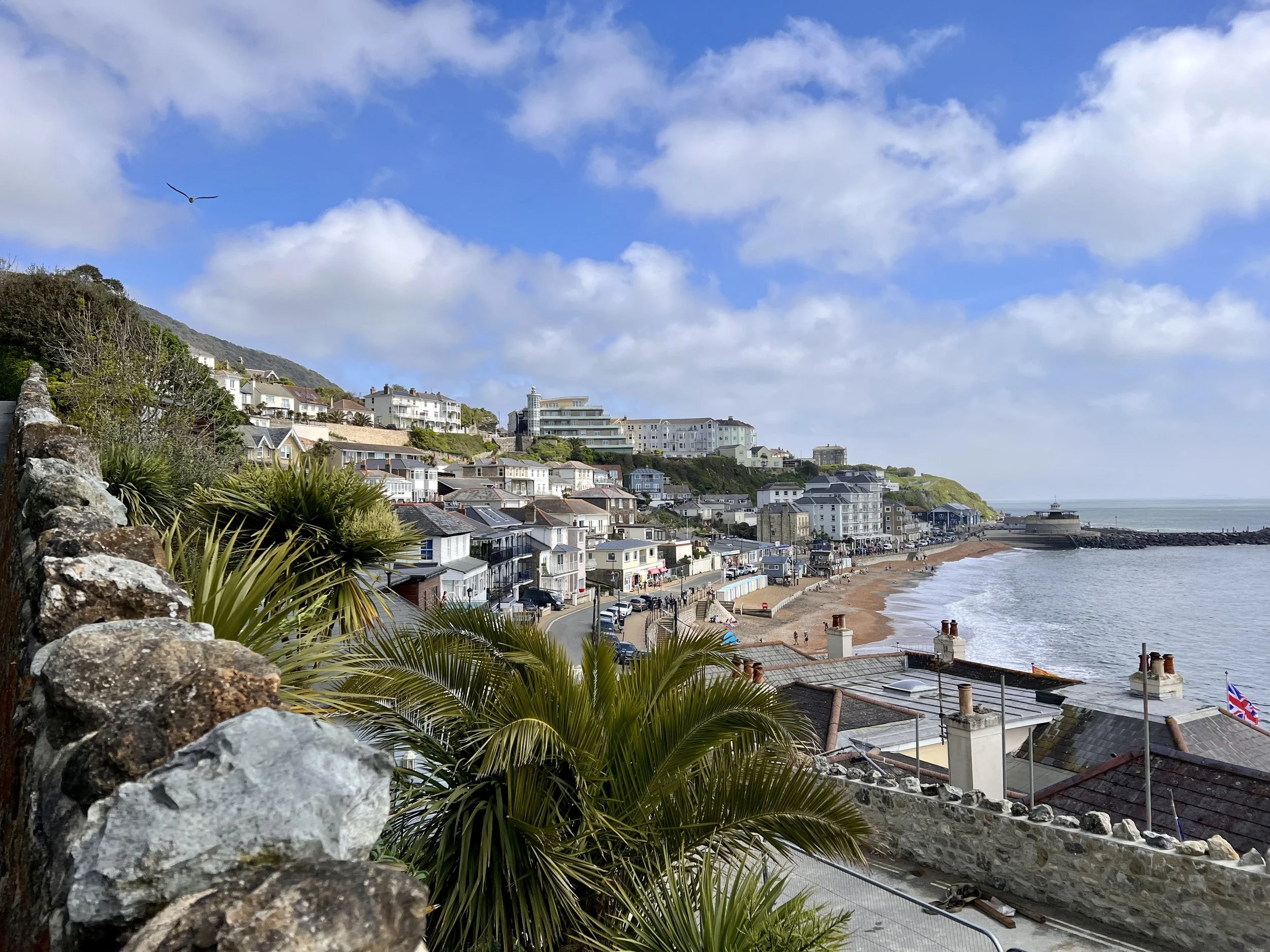 Coastal town with houses on a hill, a beach, and a pier, under a partly cloudy sky with a bird flying overhead.