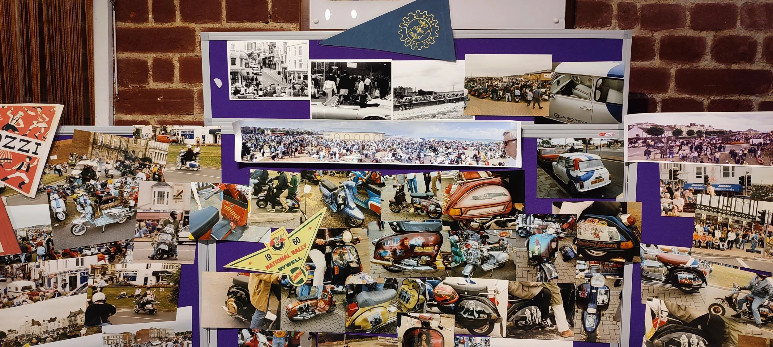 A collage of black-and-white and color photographs displayed on a purple background, featuring vintage scooters, crowded outdoor events, and city scenes. Includes a sign for the 1960 Swell National Rally.