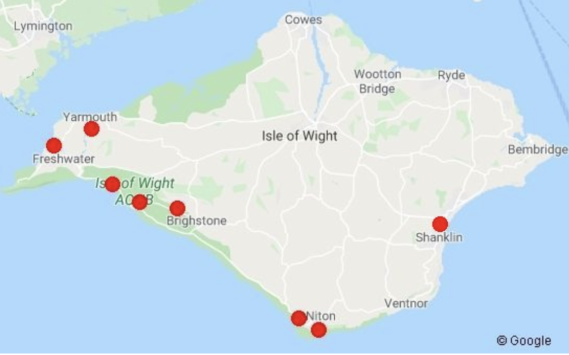 Map of Nantucket with red dots marking locations such as Yarmouth, Freshwater, Town, AC, B, Brightstone, Shanklin, Niton, and Ventnor.