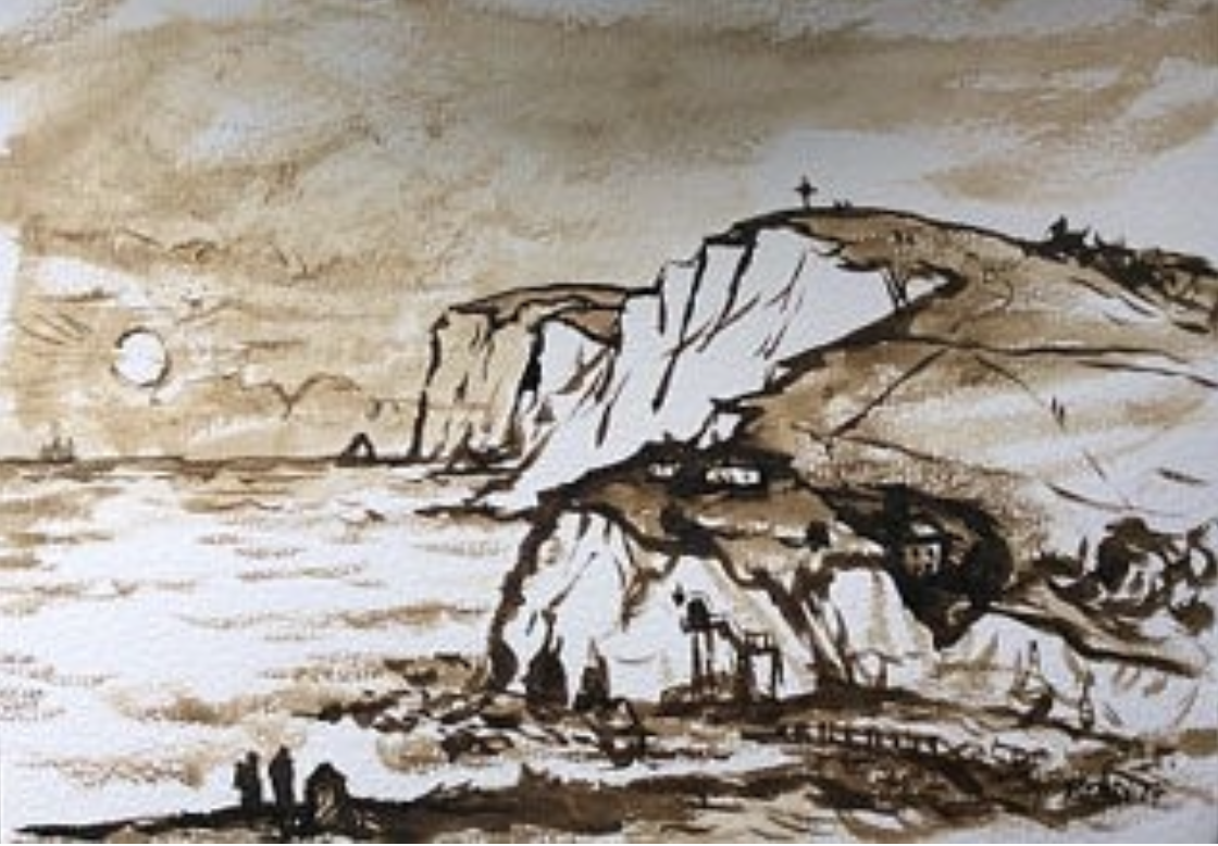 Ink drawing of a coastal landscape with white cliffs, a lighthouse, and a small building at the beach, with the sun in the sky.