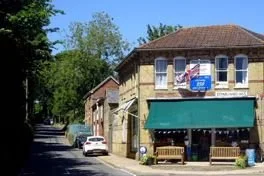 Street view of small town with brick buildings, a storefront with a green awning, and parked cars, greenery in the background.