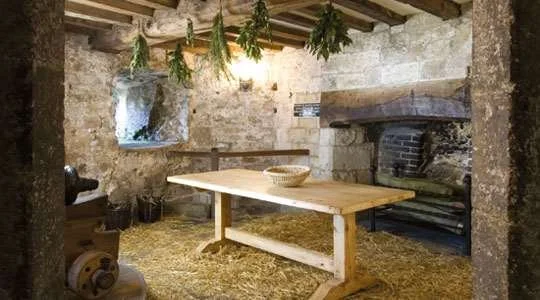 Rustic interior with stone walls, wooden beams, a wooden table, hanging greenery, and a fireplace.