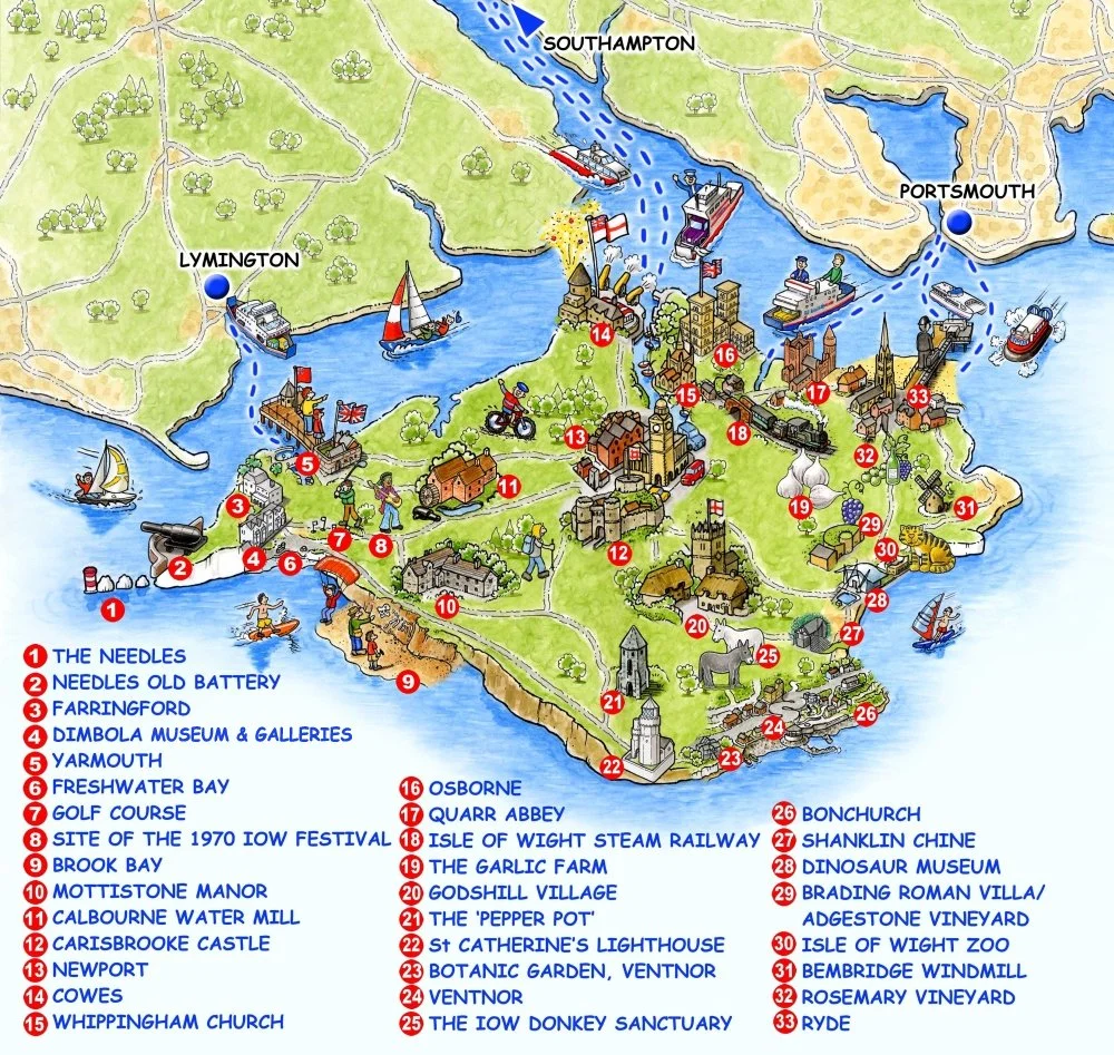 A colorful illustrated map of Wight Island, showing various landmarks, towns, parks, and attractions, such as The Needles, Newport, Osborne, and several museums and farms, with numbered markers and a legend at the bottom describing each location.