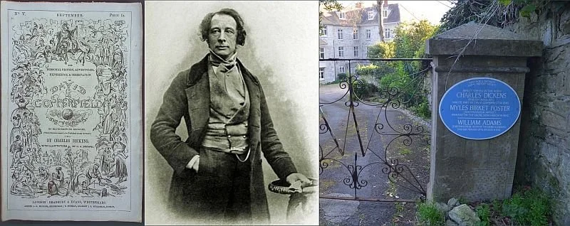 The first image is a cover of a publication with illustrations and text. The second image is a black and white photograph of a man wearing a coat and holding a stick. The third image shows a wrought iron gate next to a stone pillar with a blue plaque that reads about Charles Dickens’ association with the location.
