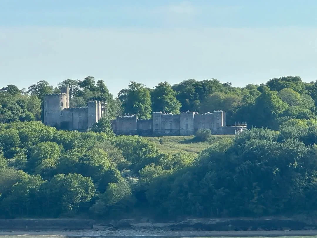 A castle on a hill surrounded by lush green trees, with a body of water in the foreground.