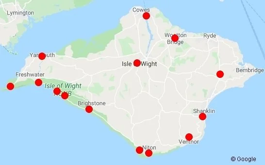 Map of Martha's Vineyard showing towns and locations marked with red dots, including Cowes, West Tisbury, Vineyard Haven, Oak Bluffs, Edgartown, and others.