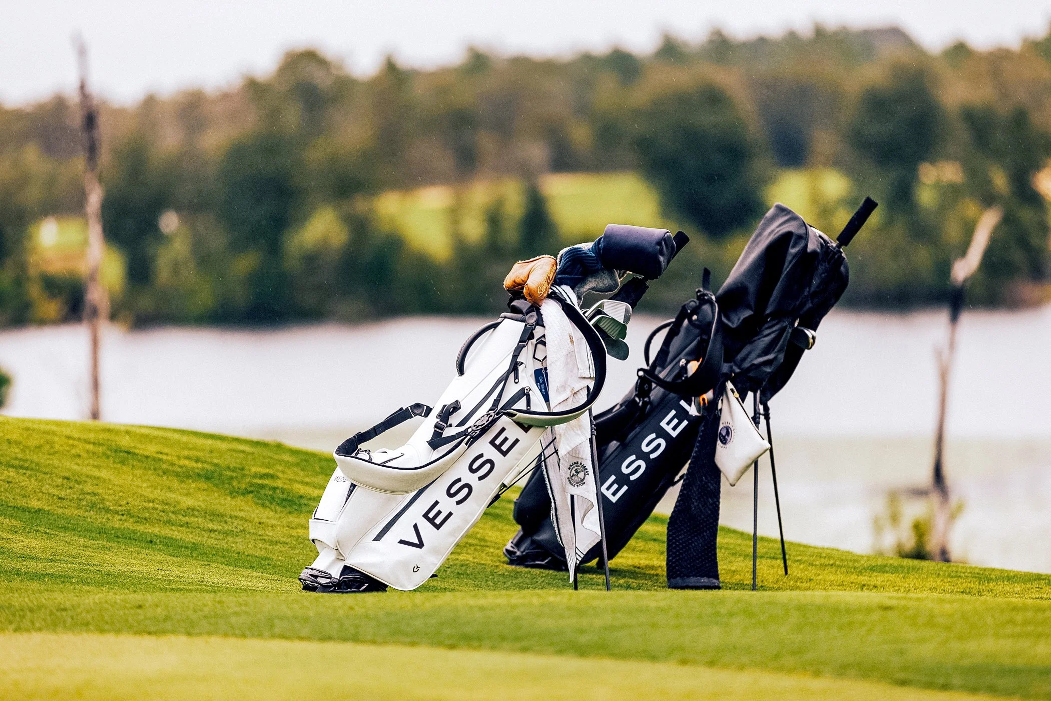 Two golf bags with clubs on a golf course green near a body of water, with trees in the background.
