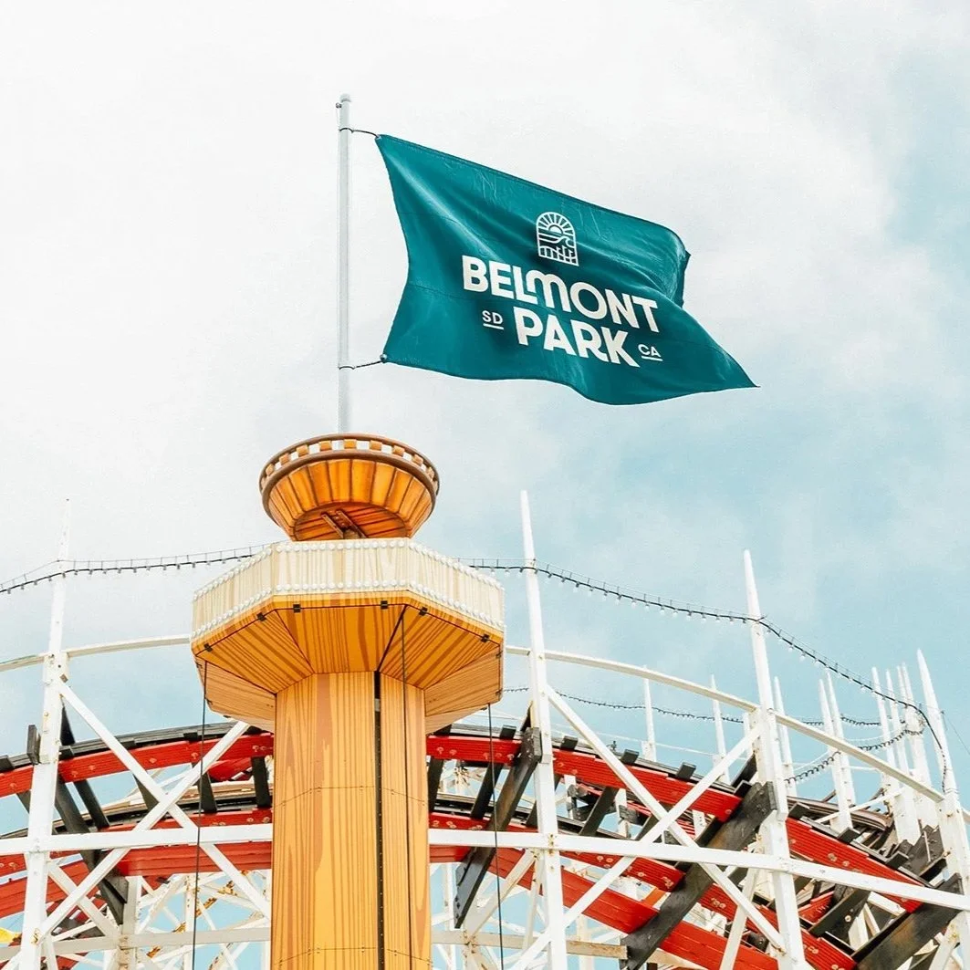 Belmont Park flag showing their new logo.