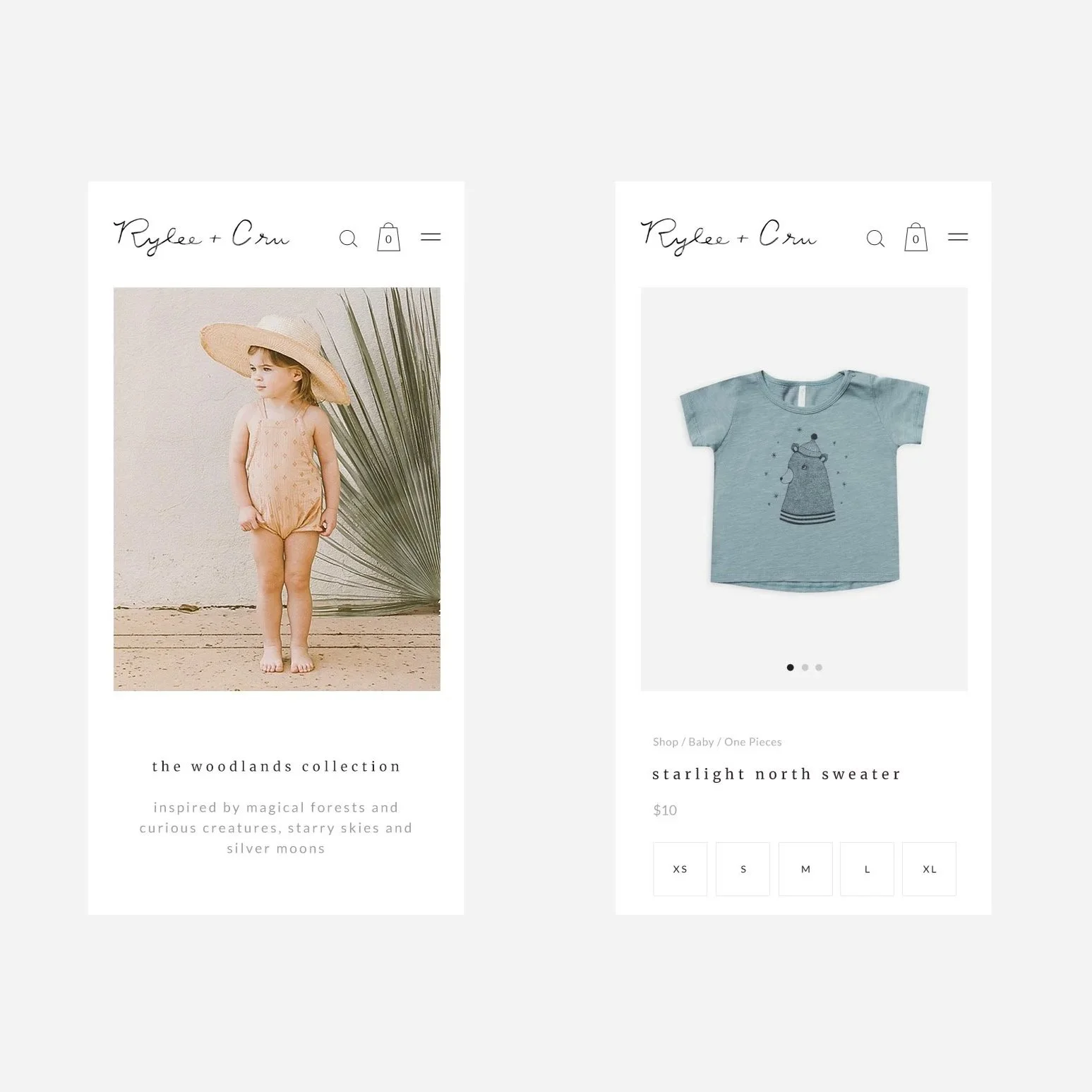 Online shopping webpage displaying two images of children's clothing. The left shows a young girl wearing a pink sleeveless romper and a wide-brimmed straw hat, standing outdoors near a large leaf. The right shows a light blue toddler t-shirt with a graphic of a bear wearing a hat, under three dots indicating more images. Product details include descriptions and pricing.
