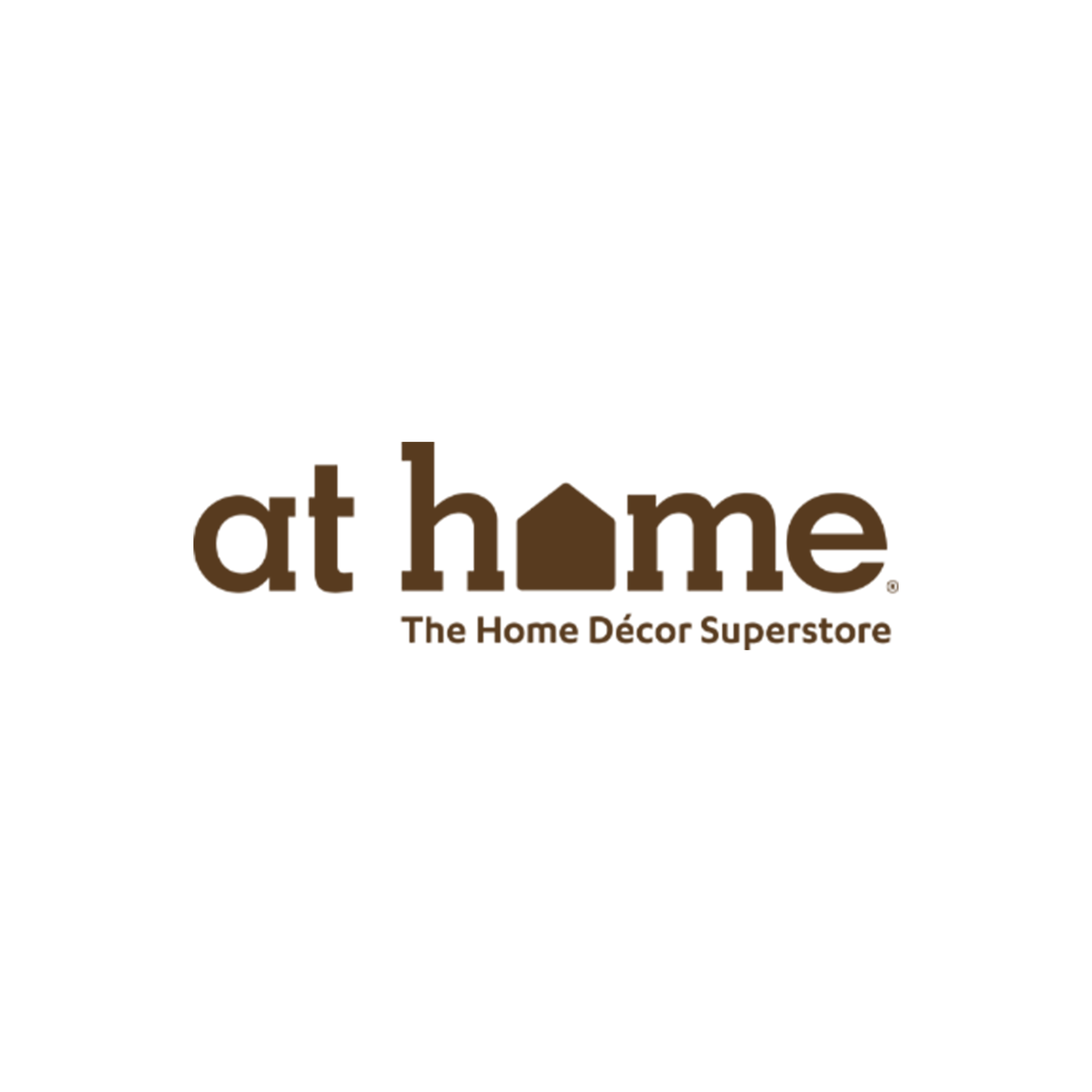 Logo for 'at home,' a home decor superstore, with brown text and a house icon replacing the 'o' in 'home.'