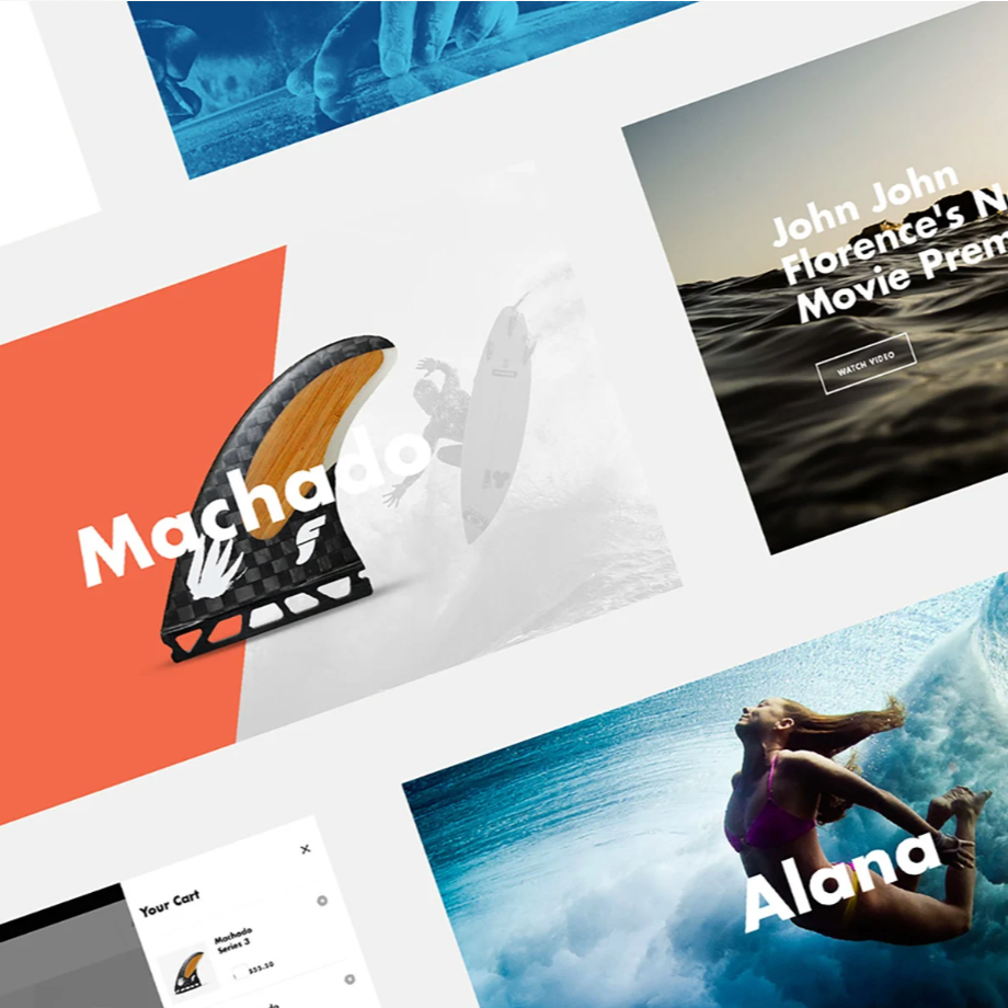 Collage of surf-related images including a surfboard fin, a woman jumping in the ocean, and promotional banners for a movie and an online shopping cart, with some text overlays.