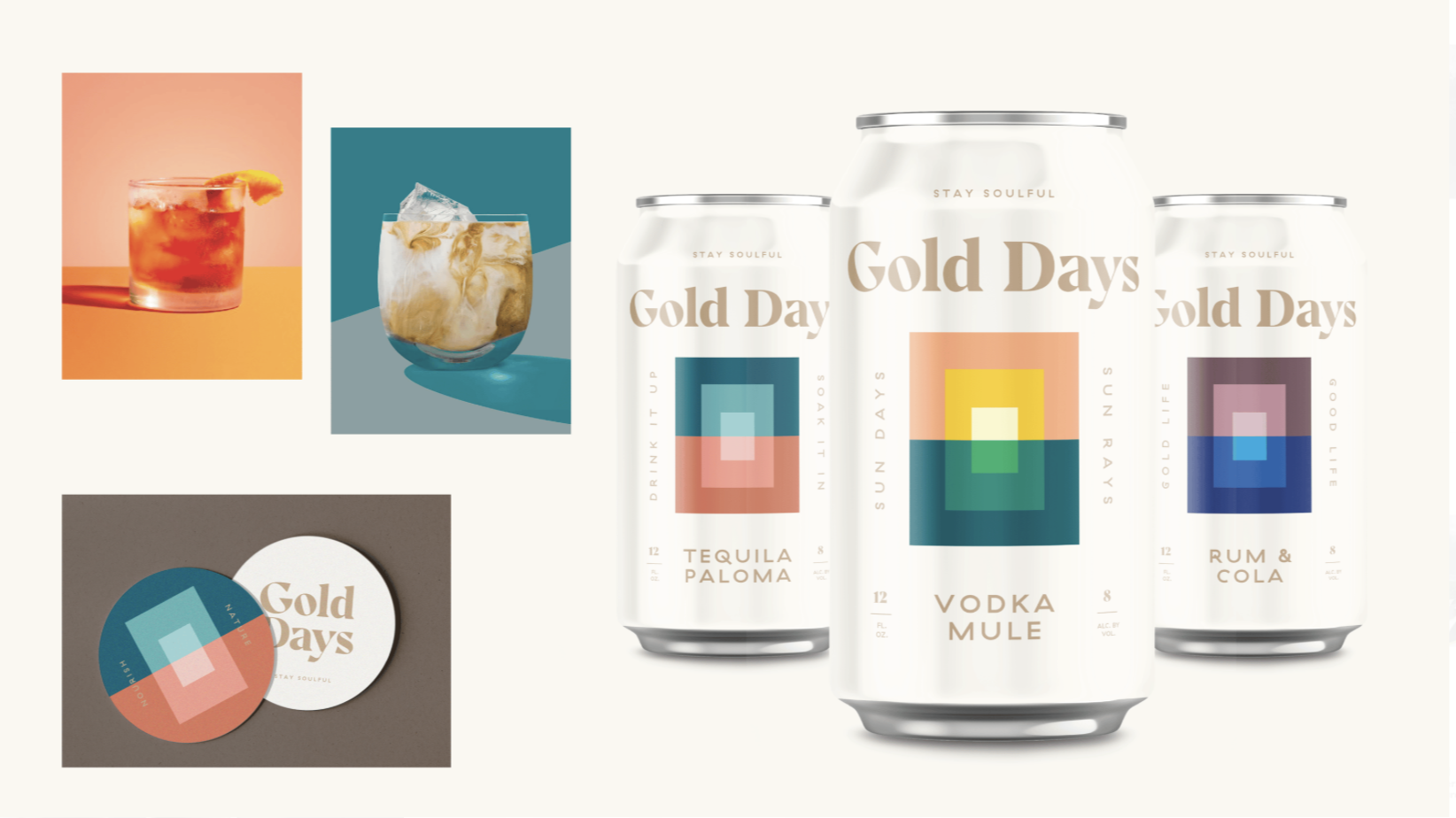 Collection of beverage cans and drink images with geometric, colorful labels and logos for 'Gold Days', featuring cocktails like tequila paloma, vodka mule, rum colada, and aesthetic drink photos.