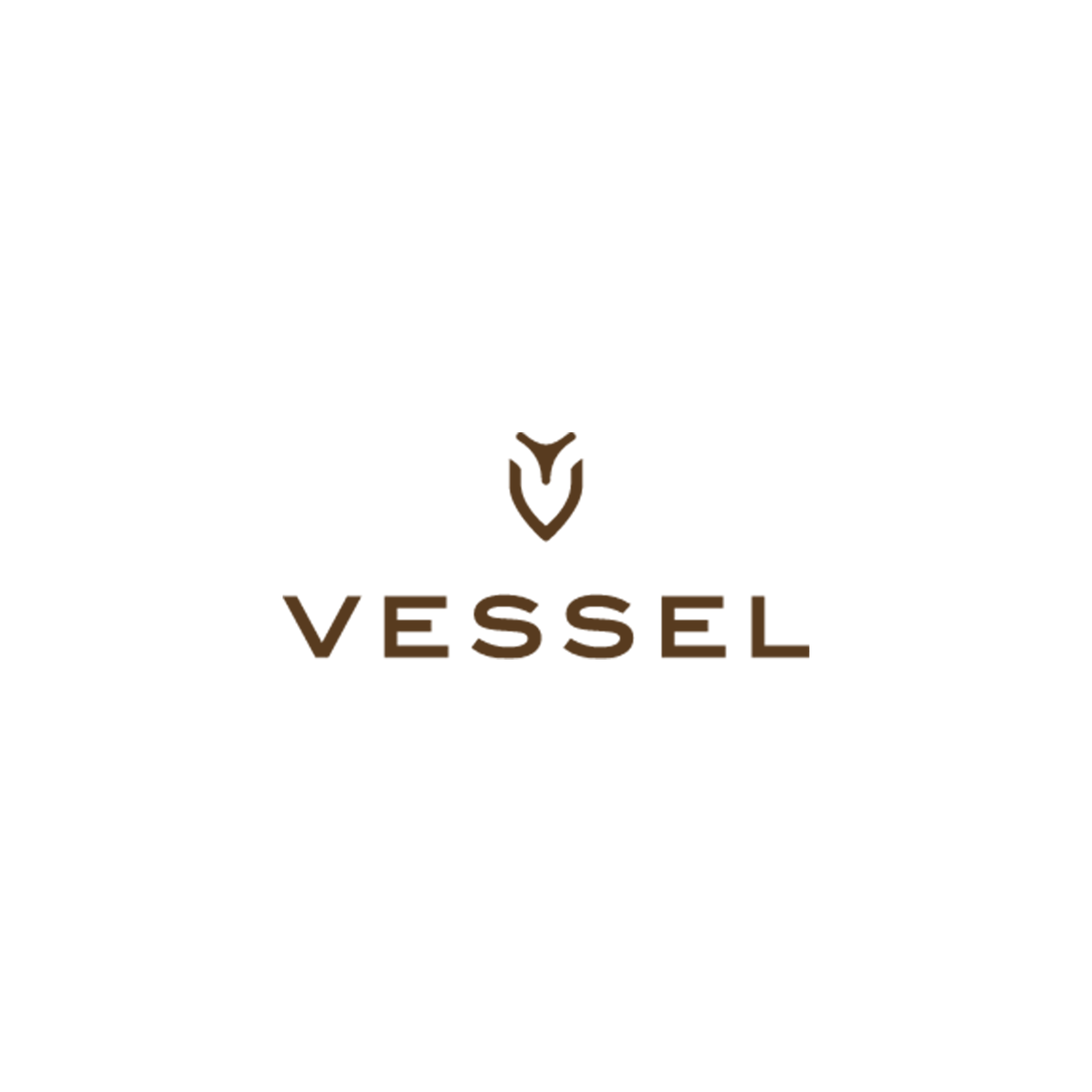 Vessel logo with a stylized brown vessel icon above the word 'VESSEL' in brown capital letters, set against a black background.