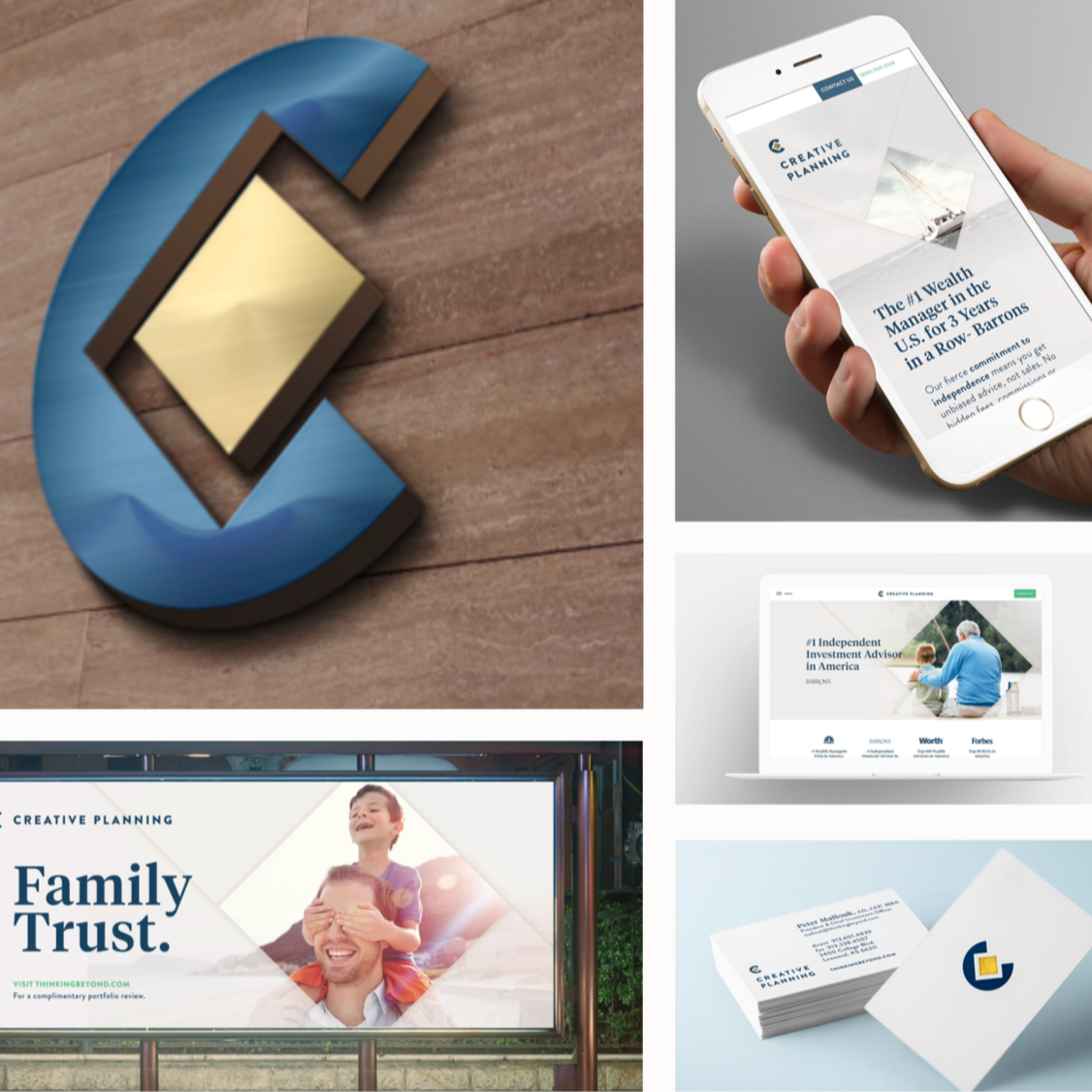 Collage of images related to financial planning and investment services, including a blue and gold logo, a mobile phone displaying a financial website, a laptop showing an investment advisory website, a billboard promoting family trust, and a stack of business cards.