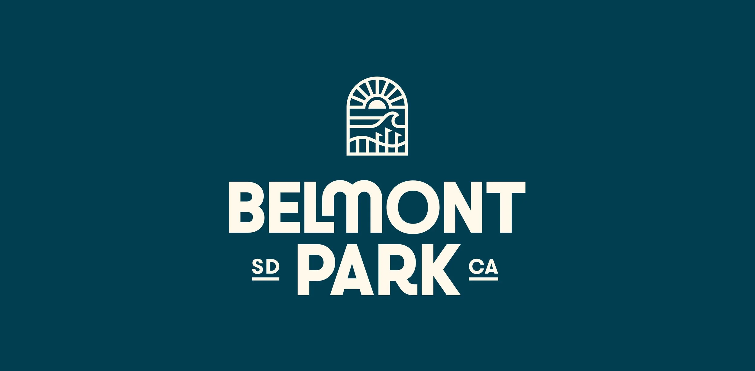 Logo of Belmont Park featuring a stylized window with a sunset and wave, with text 'BELMONT PARK' and abbreviations 'SD' and 'CA'