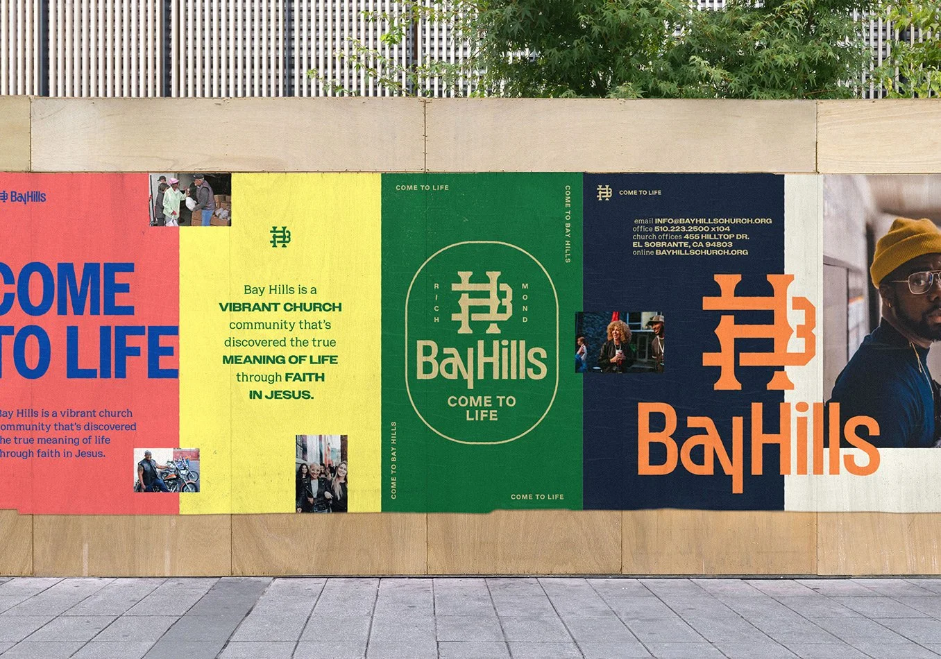 Colorful church advertisement poster with green, yellow, and navy sections featuring the Bay Hills church logo, community photos, and church contact information.