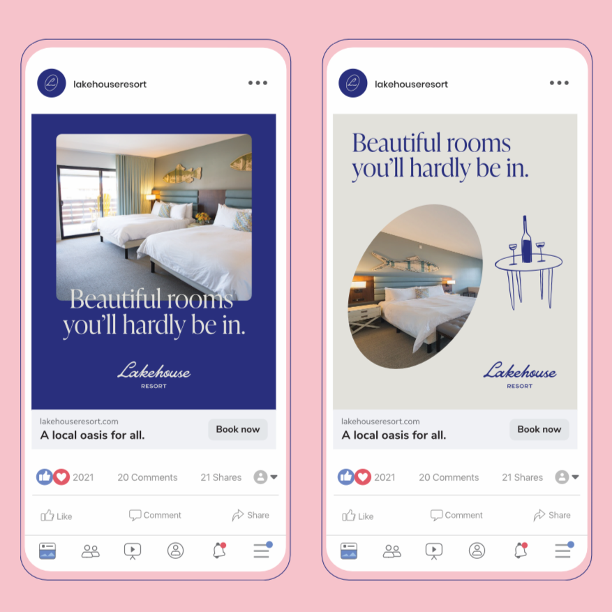 Social media posts from Lakehouse Resort promoting their rooms, featuring images of a bedroom with two beds, and having text that reads, "Beautiful rooms you'll hardly be in."