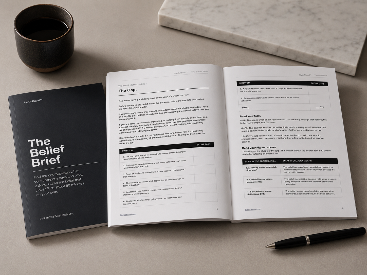 The Belief Brief PDF with pages open. Say-Do Gap™ diagnostic and name the belief guiding your business.