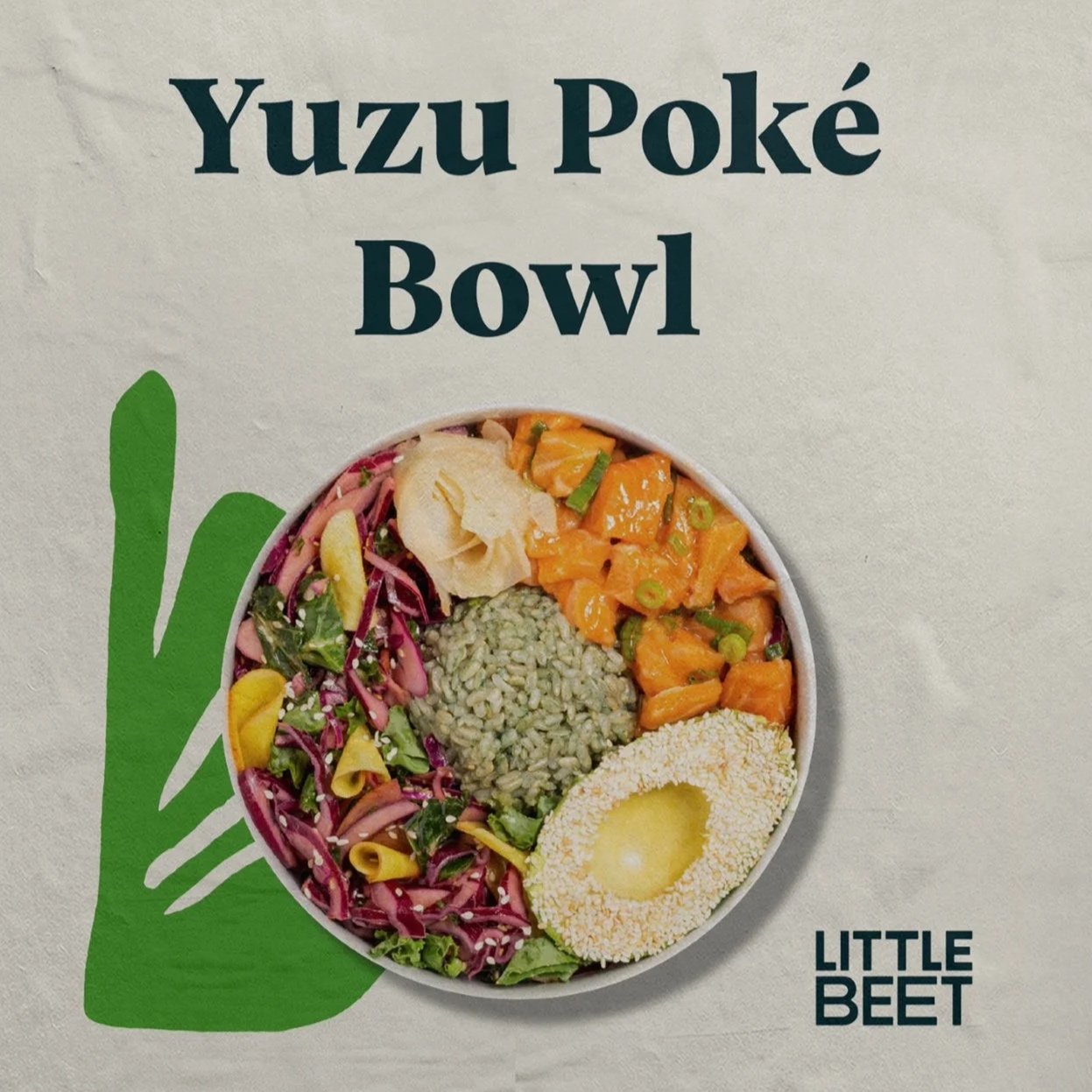 Yuzu Poké Bowl with mixed greens, salmon, rice, yellow egg, and vegetables