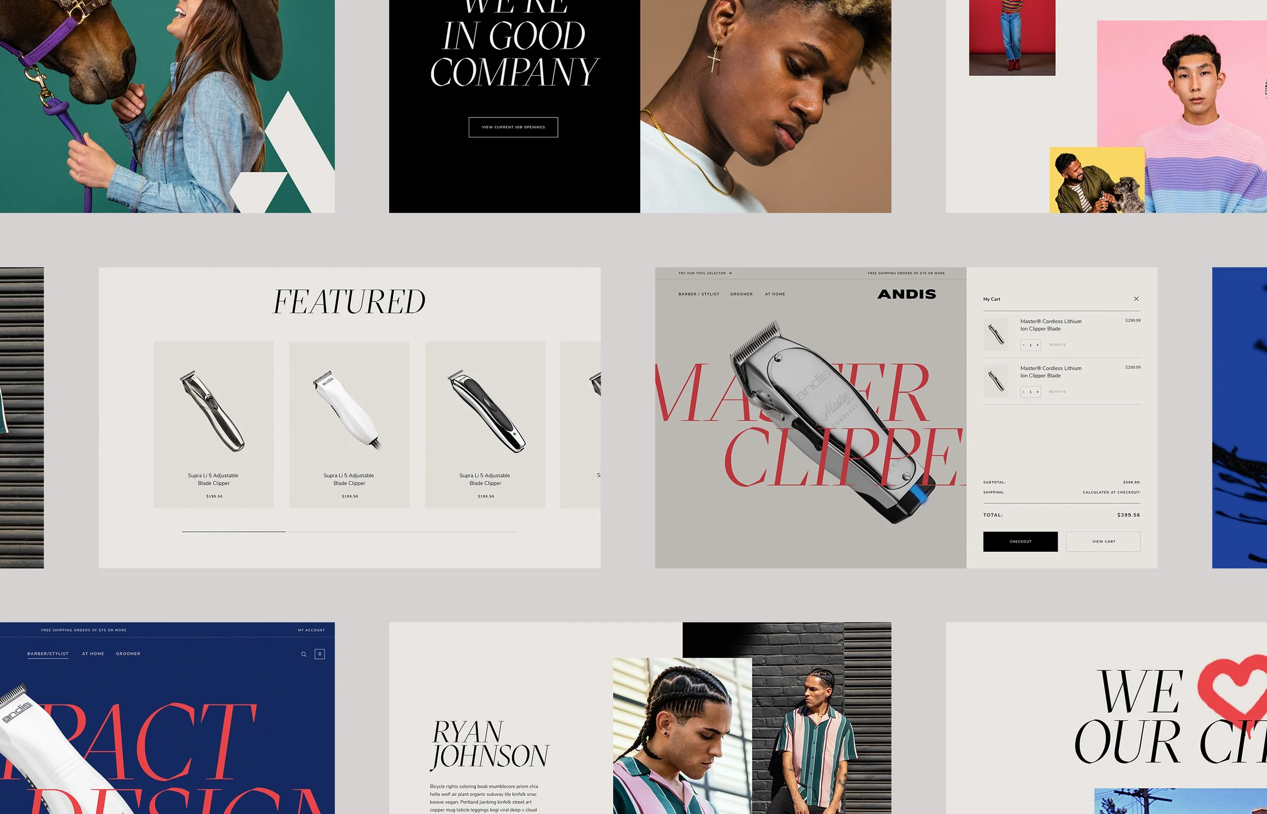 Collage of various images showing people, products, and advertisements including a woman with a dog, a woman with a cross earring, a young man in a pink and purple sweater, a woman in striped shirt, and images of hair clippers and a shopping cart.