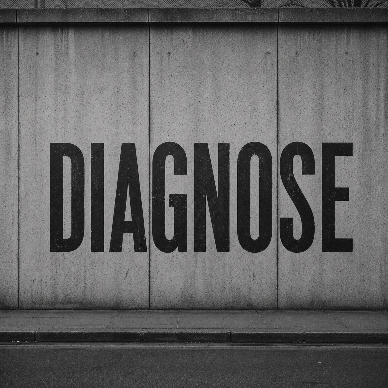 A black-and-white photograph of a wall with the word 'DIAGNOSE' painted in large, bold letters.