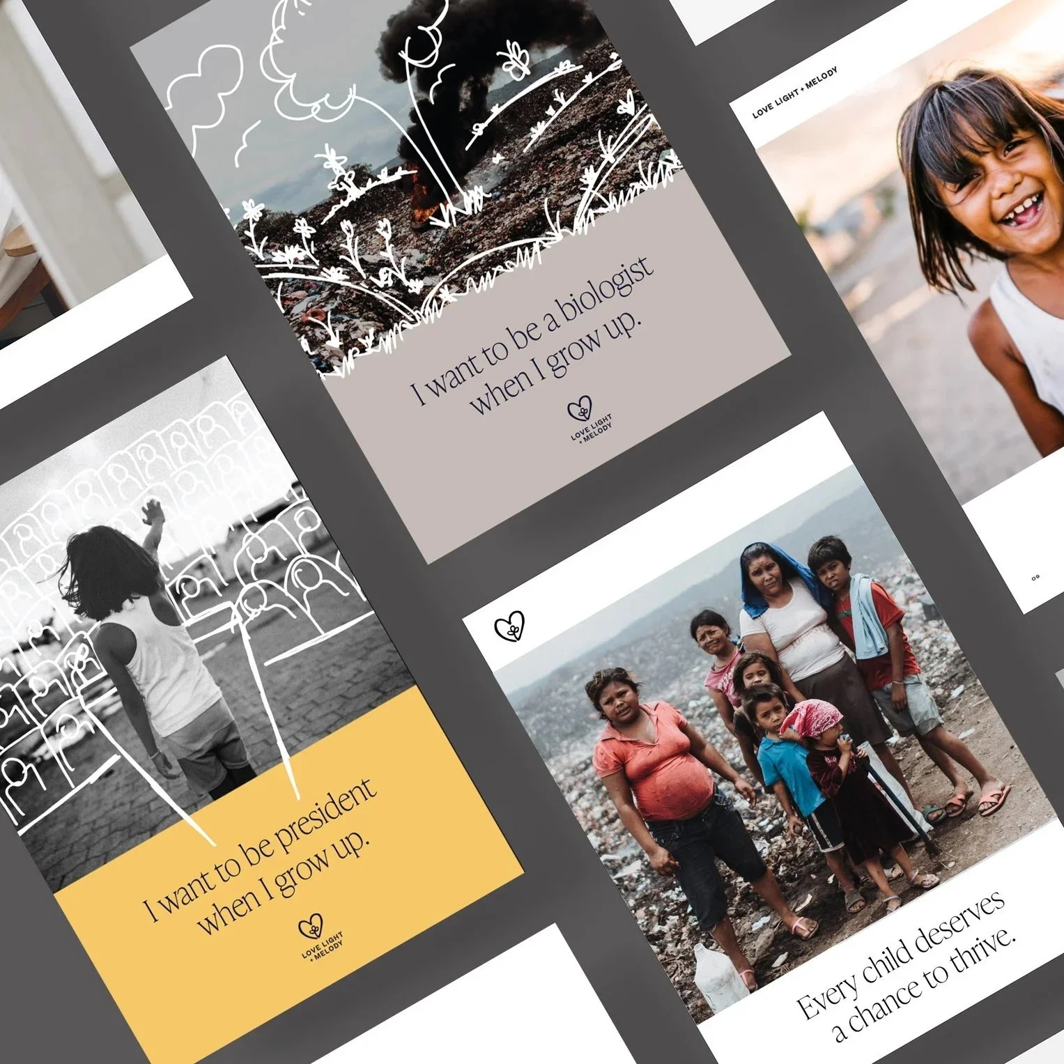 A collage of photos and illustrations with inspirational messages. One photo shows a young girl smiling, another features a group of children and women on a hill, and there are drawings of plants and landscapes. The messages include aspirations like becoming a biologist or president, and encouragement for children to thrive.