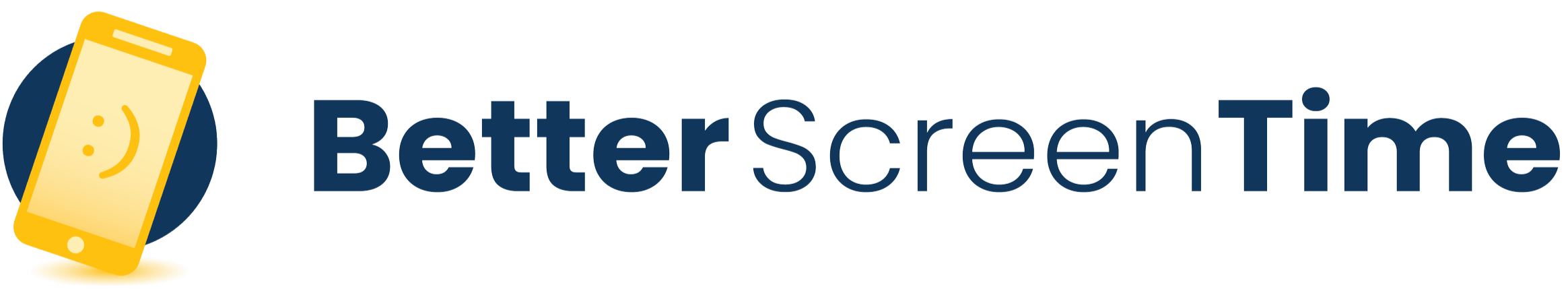 Logo for Better Screen Time featuring a yellow smartphone with a smiley face on the screen, next to text "Better Screen Time" in blue and gray.