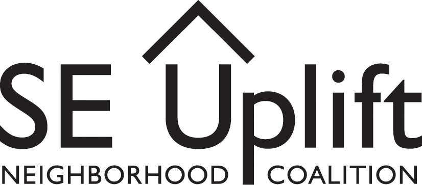 Logo for SE Uplift with black text reading "SE Uplift Neighborhood Coalition" and an upward arrow above the letter 'U' like the roof of a house.