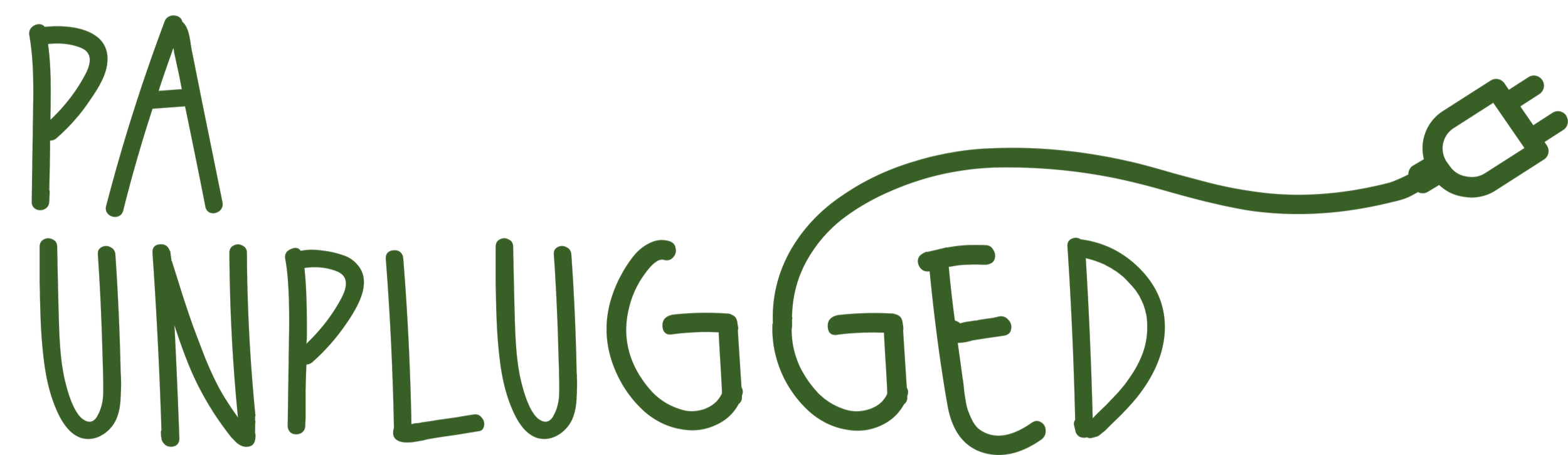 Text-based logo for PA Unplugged in green text with an illustration of an electrical plug.