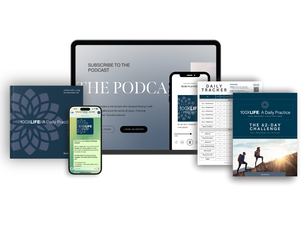 Digital devices and printed materials from 100xLife showing the book, podcast, and resources used in the 62-day daily practice.