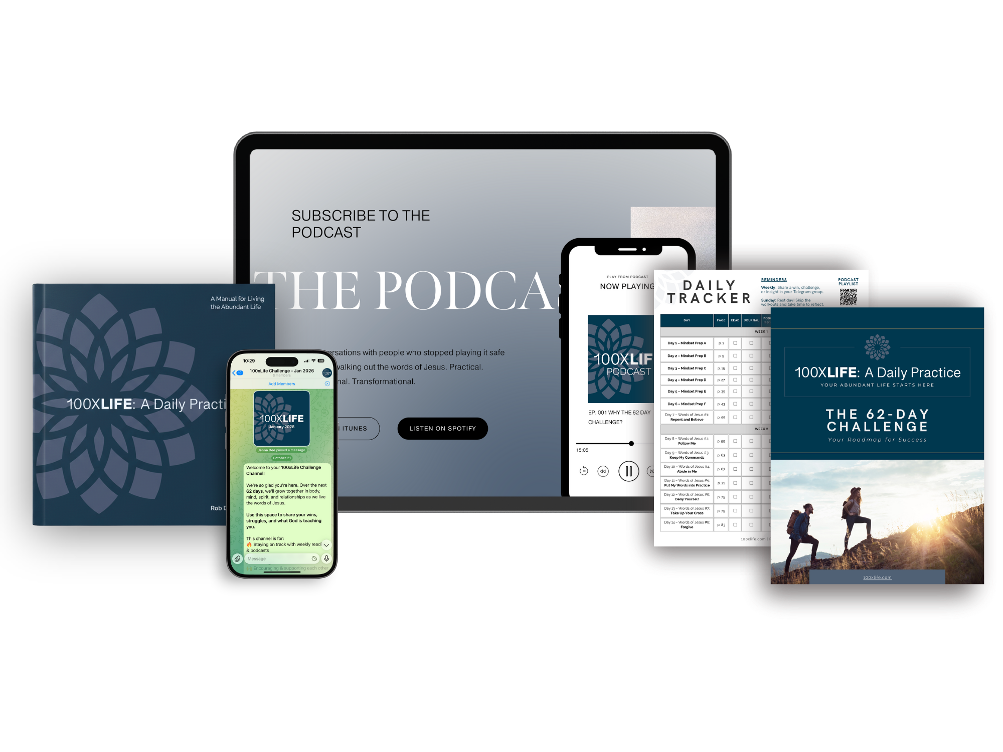 Collection of digital and printed materials promoting the 100xLife 62-day challenge, including a tablet, smartphone, booklet, podcast, tracker worksheet, and guidebook, all branded with the 100xLife logo and a motivational outdoor scene.