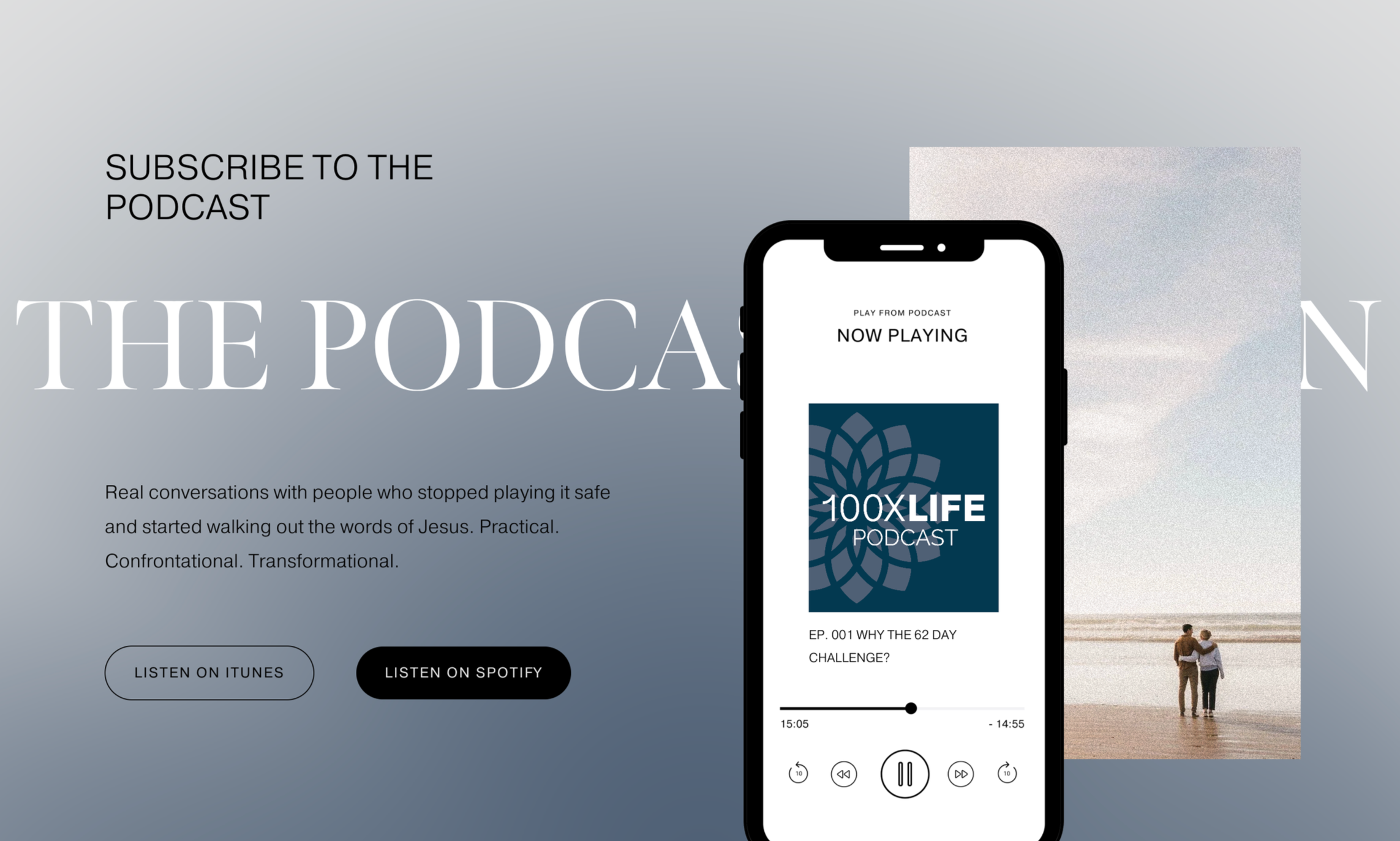 Webpage promoting the 100xLife podcast with options to listen and imagery reflecting Scripture-based daily practice.