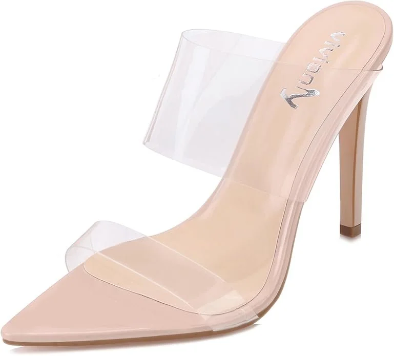A high-heeled shoe with a transparent plastic upper and a beige sole, featuring a clear plastic strap across the top.