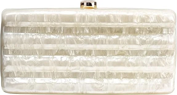 A rectangular, cream-colored clutch purse with horizontal ridges and a gold clasp on top.