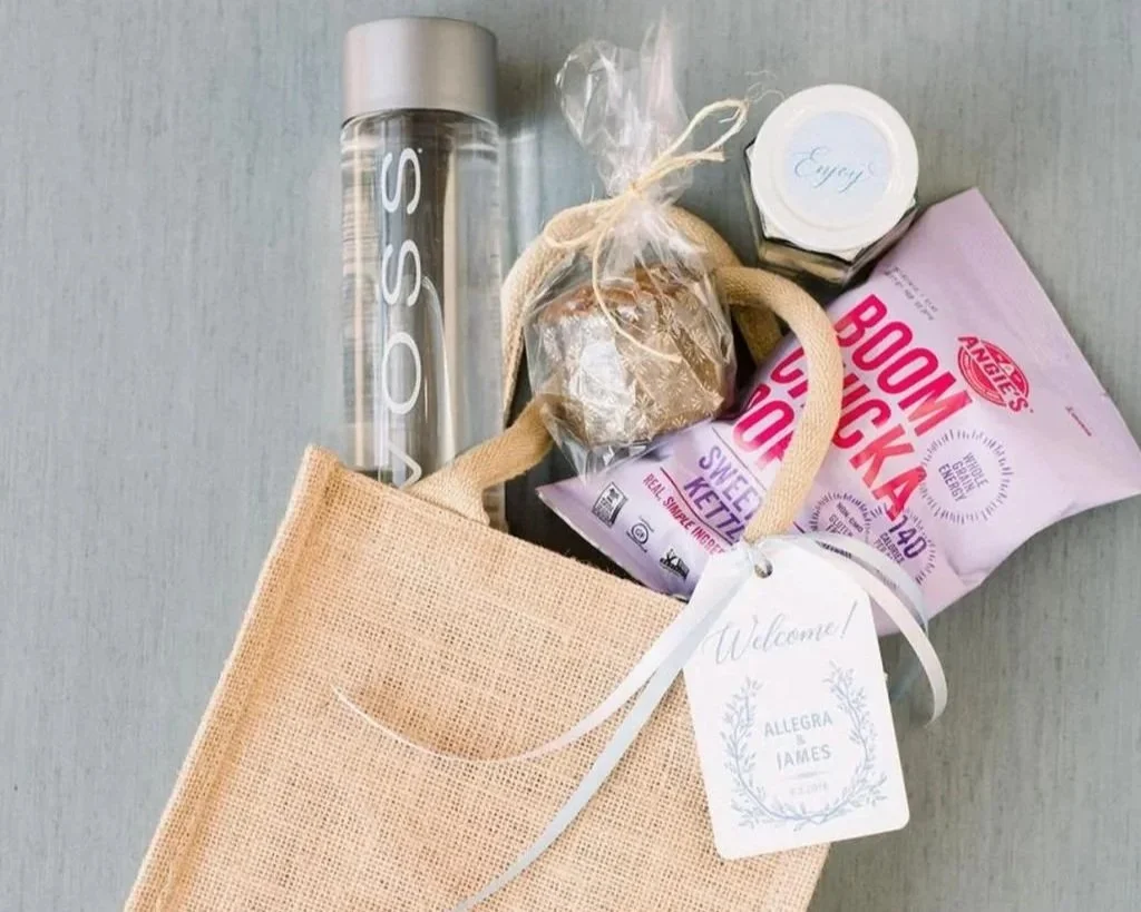Wedding welcome bag contents including snacks, drinks, and essentials