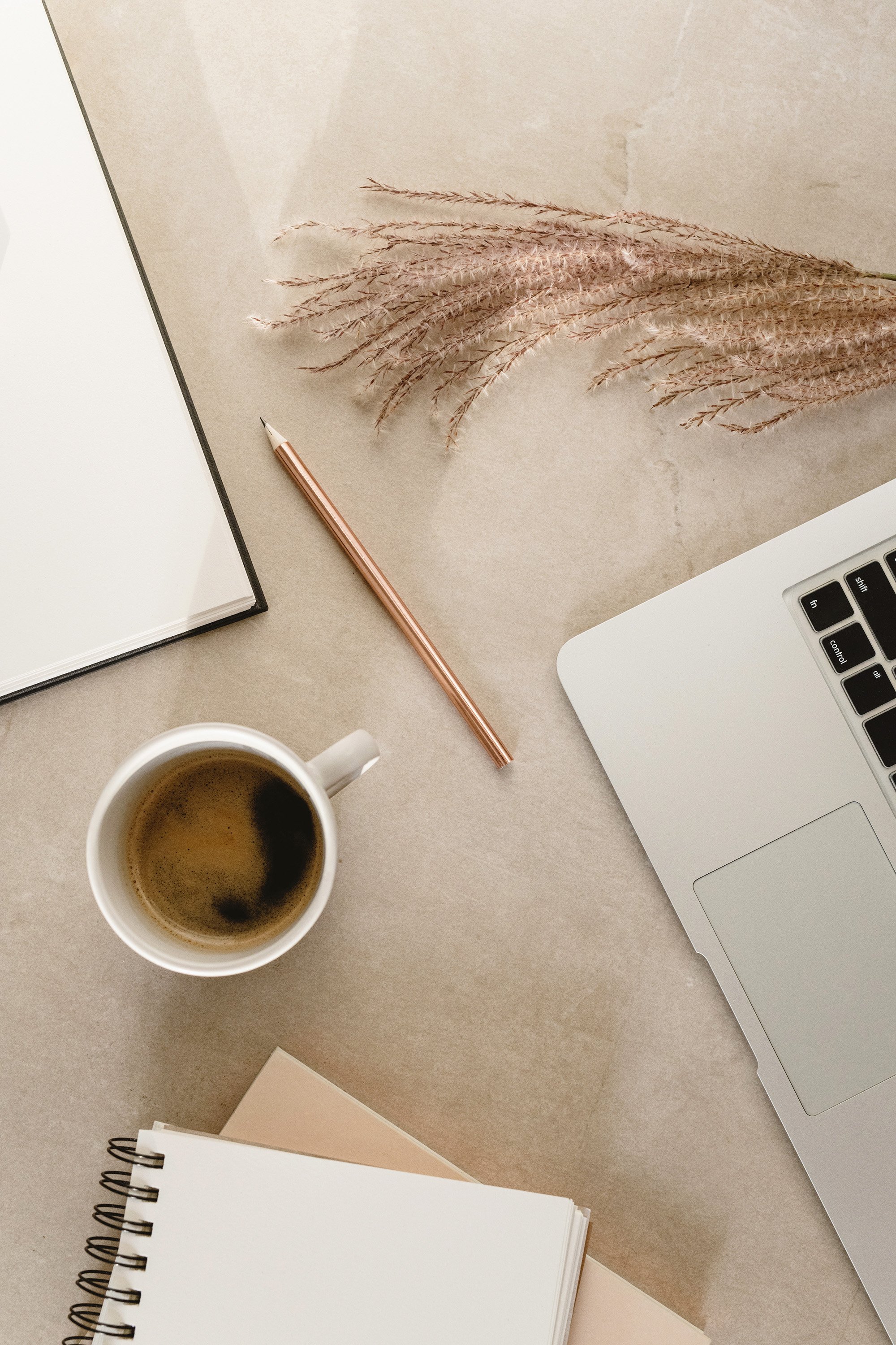 Neutral-colored desk setup with a laptop, a coffee mug, a pink pen, a planner, an open notebook, and decorative dried grass.