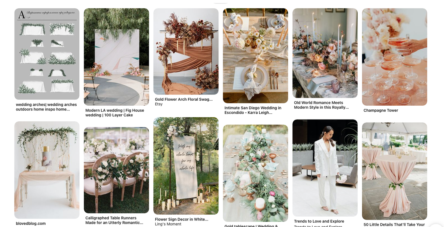 Wedding planner design inspiration showing arches, tablescapes, florals, and styling ideas.