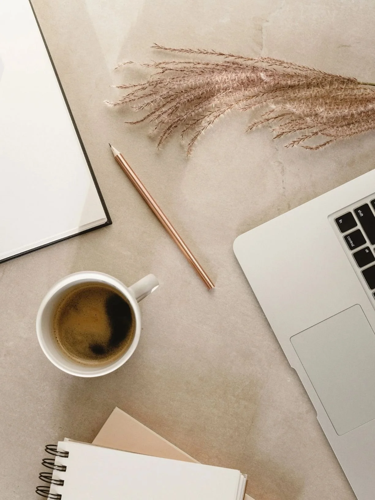 A workspace with a cup of coffee, a rose gold pen, a closed notebook, a laptop, and some dried pink grass on a beige surface.