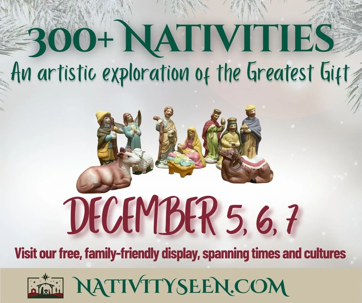 Good News Baptist Church Grand Rapids Flyer advertising nativity scene display from December 5-7, featuring figurines of the nativity story and the text "300+ Natvities, An artistic exploration of the Greatest Gift" and the website nativitysen.com