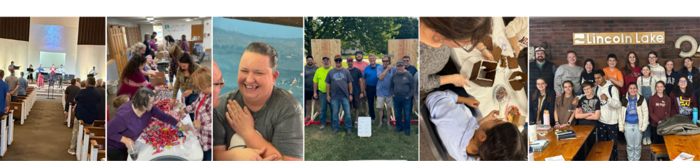 Good News Baptist Church Grand Rapids Michigan church worship service with band, people at craft table, woman smiling at water, group of men outdoors, woman wrapping gingerbread house, group of students in front of Lincoln Lake sign.