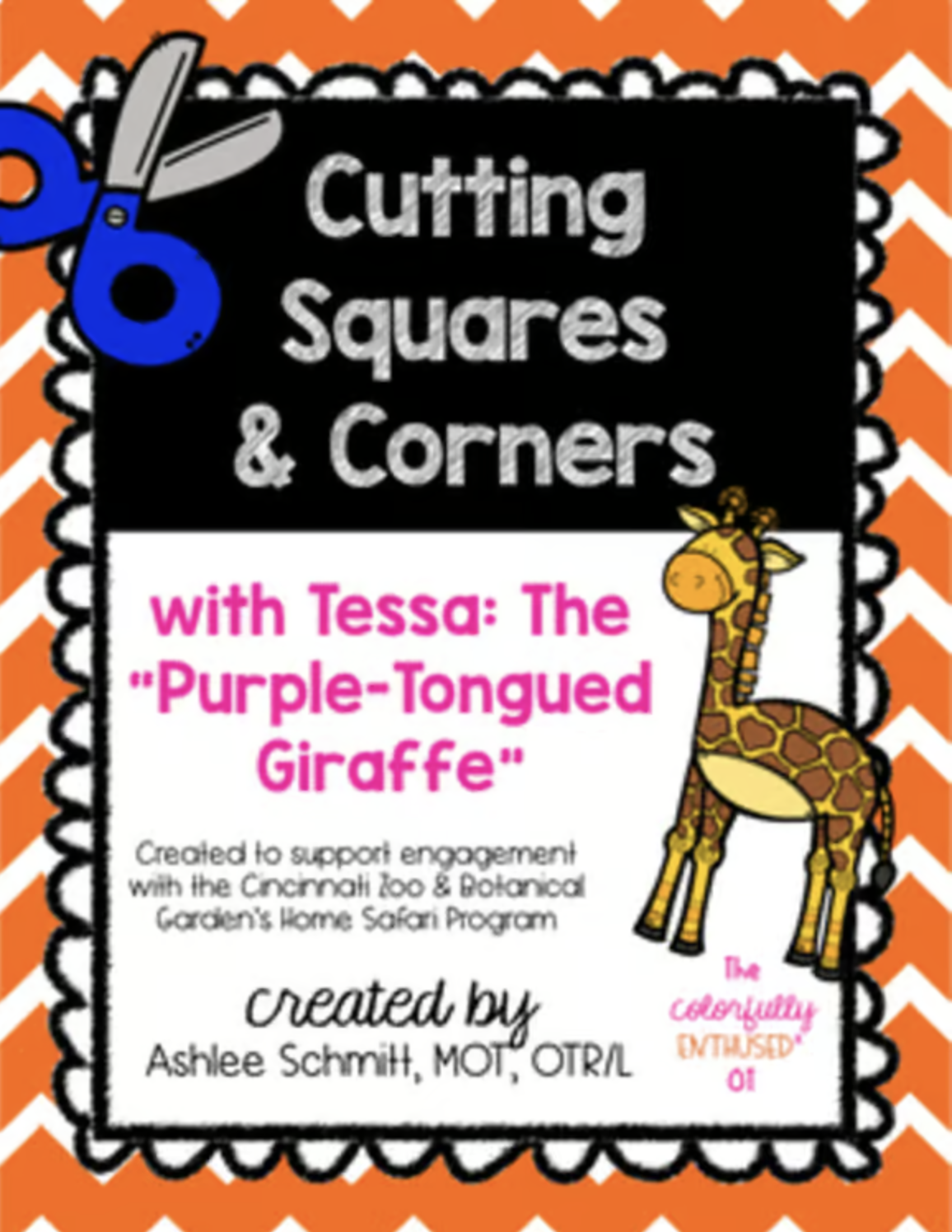 A colorful educational poster about cutting squares and corners, featuring a cartoon giraffe, scissors, and bright patterns, with text about a home safari program for kids.