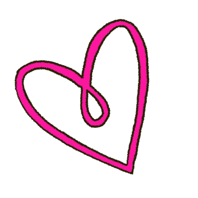 A stylized heart-shaped badge with a pink outline, blue interior, and a small loop at the top, resembling a ribbon or charm.