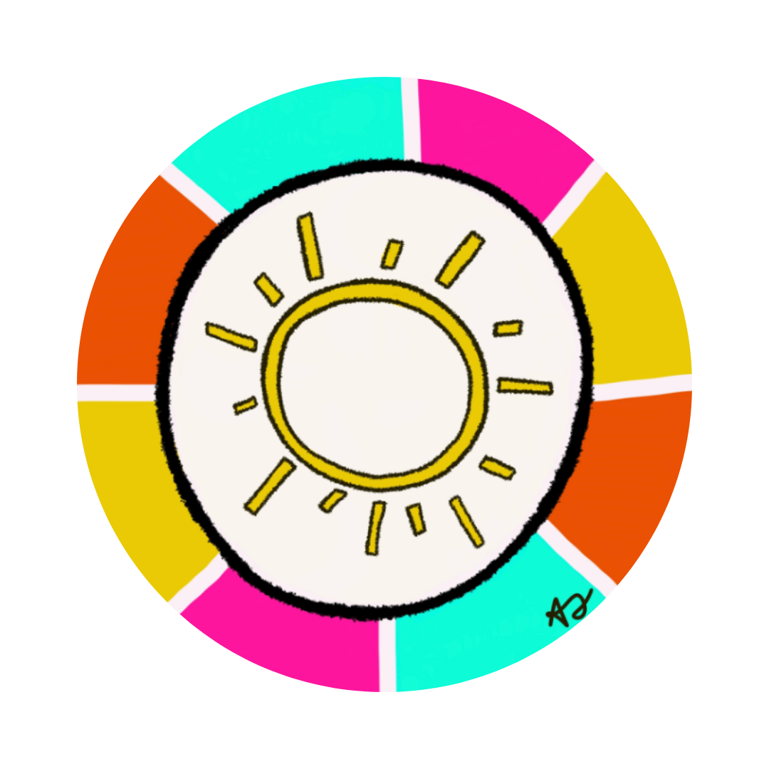 A colorful circle with alternating segments of pink, cyan, orange, yellow, and red. Inside is a white circle with a yellow sunburst design.