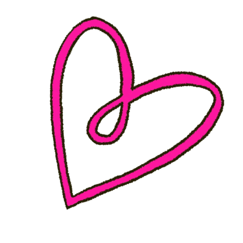A hand-drawn heart with a pink outline and a small loop inside, stylized and cartoon-like.