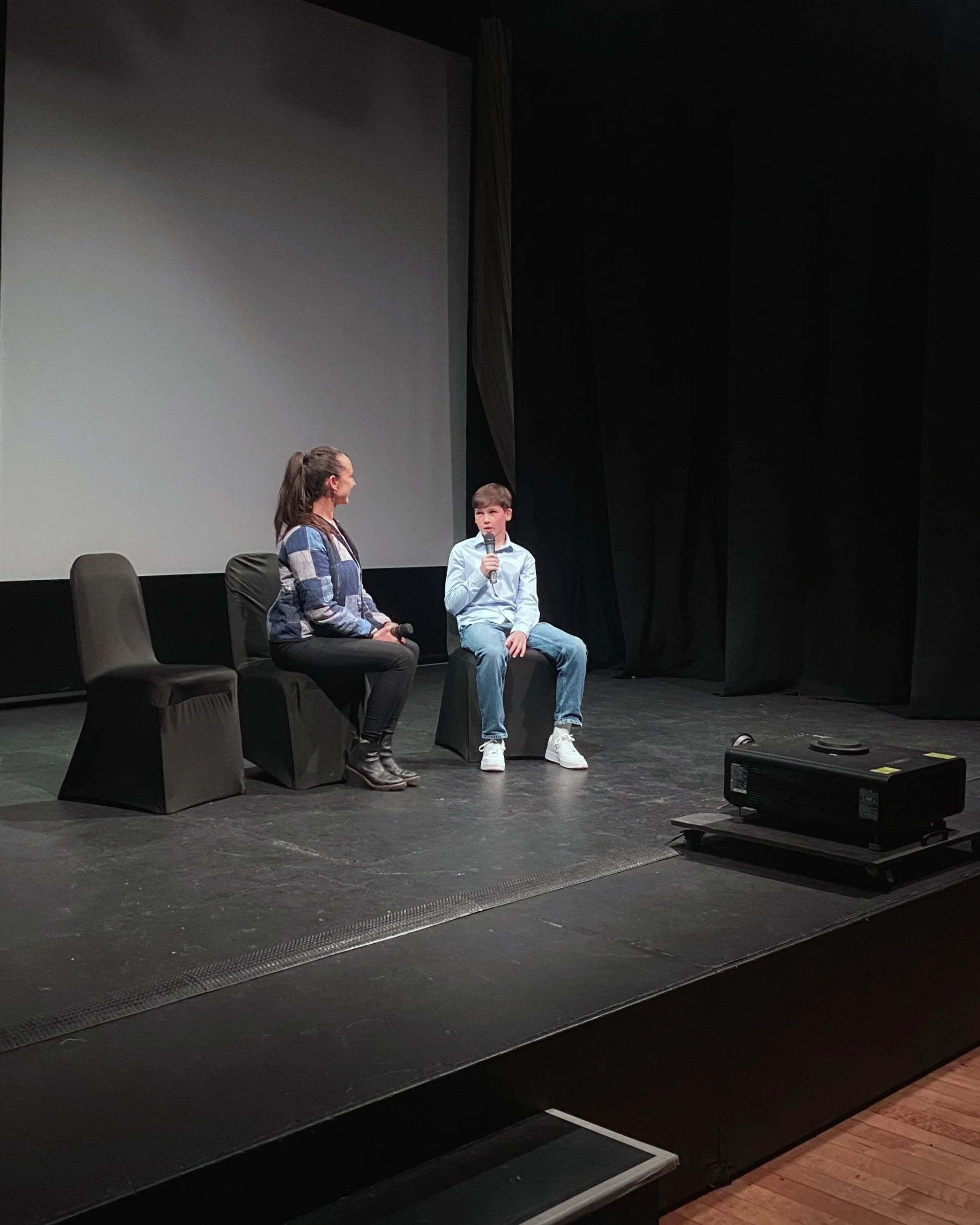 Áine Ryan moderating a Q+A with  Cillian Sullivan after a screening of Spilt Milk