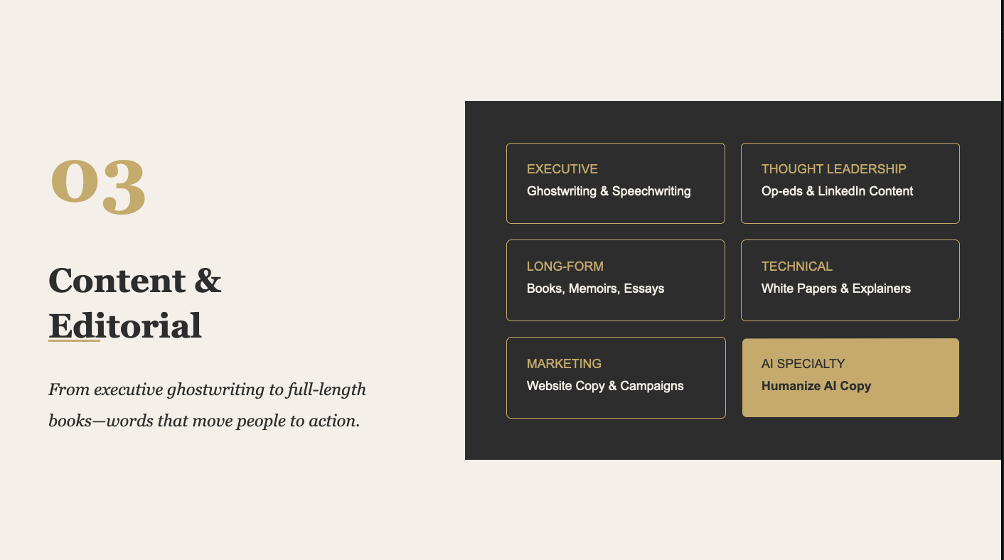 A digital graphic design slide with beige background, black and gold text, and a dark gray section with six labeled boxes listing writing and marketing services, including executive ghostwriting, thought leadership, long-form content, technical writing, marketing campaigns, and AI specialty in humanize AI copy.