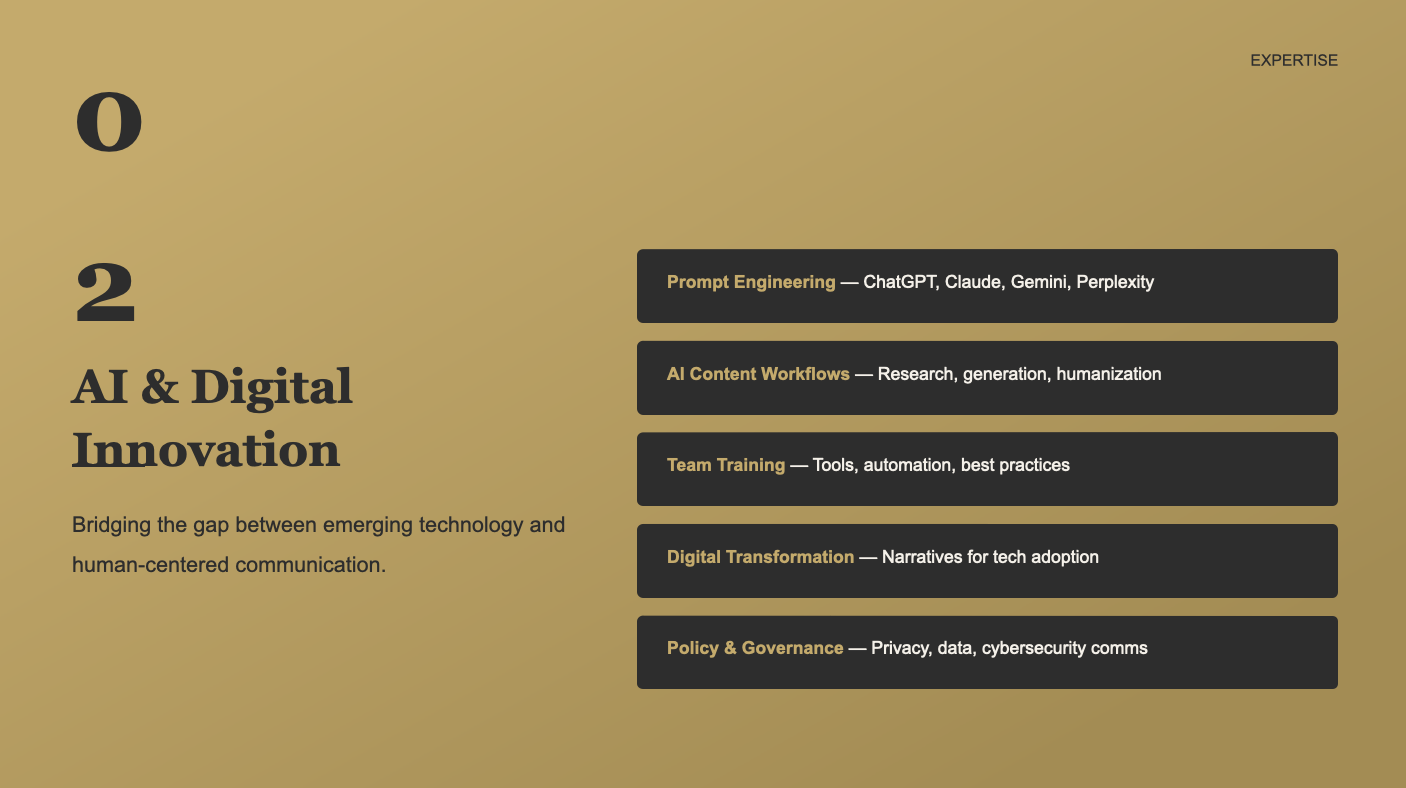 A slide titled 'AI & Digital Innovation' with a gold gradient background. Text on the left says 'Bridging the gap between emerging technology and human-centered communication.' The right side lists five topics with black background labels: 'Prompt Engineering' with examples 'ChatGPT, Claude, Gemini, Perplexity,' 'AI Content Workflows' with examples 'Research, generation, humanization,' 'Team Training' with examples 'Tools, automation, best practices,' 'Digital Transformation' with examples 'Narratives for tech adoption,' and 'Policy & Governance' with examples 'Privacy, data, cybersecurity comms.' The top right corner has the word 'EXPERTISE.'