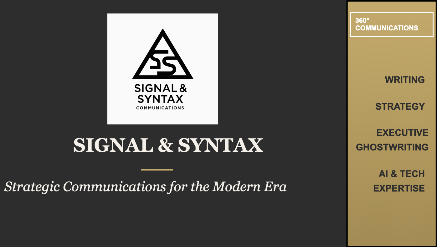 360° Communications" and key topics like writing, strategy, executive ghostwriting, and AI & tech expertise.